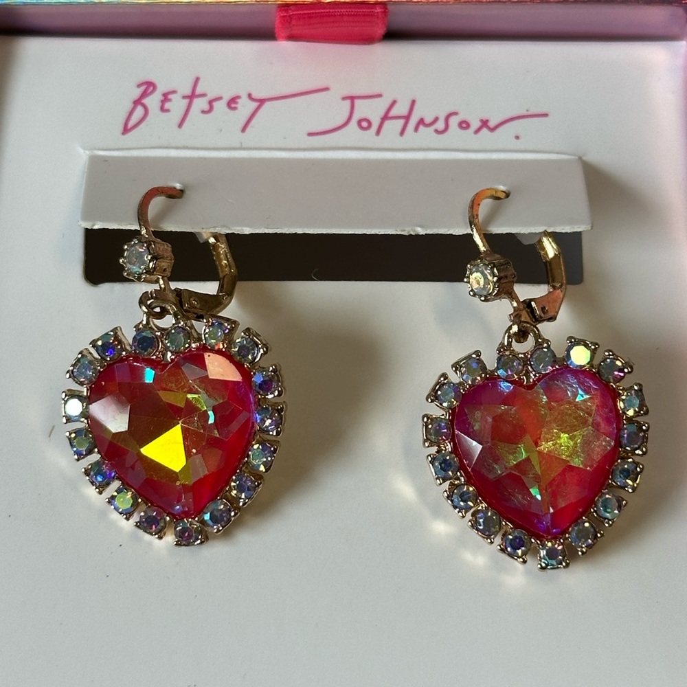 Betsey Johnson Heart Earrings with Crystal Accents - Picture 2 of 3